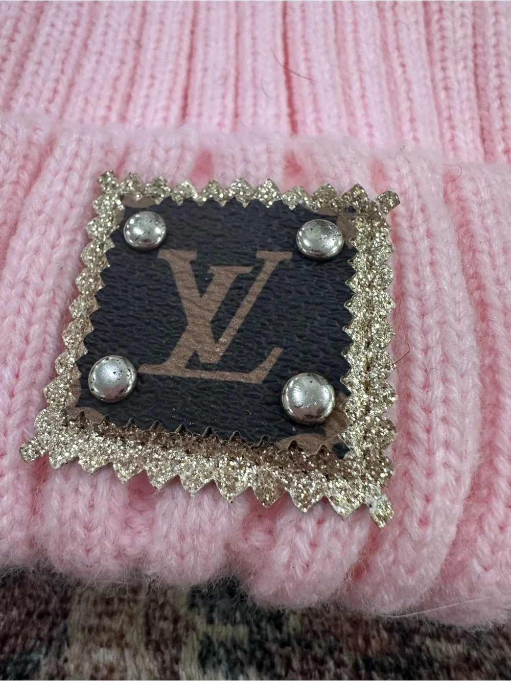 Pink Double Pom Pom Knit Beanie Hat w/ Upcycled LV Patch